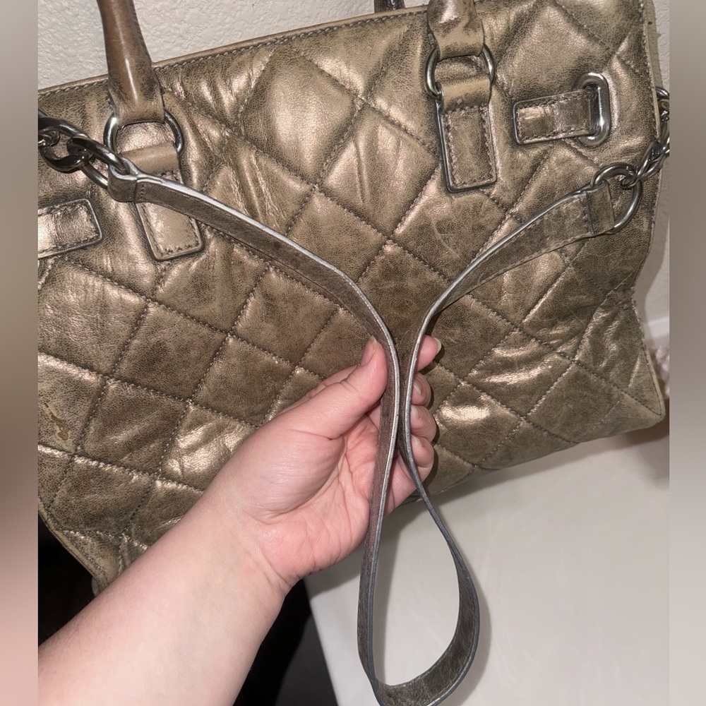 Michael Kors Silver Tan Quilted Satchel GUC - Picture 8 of 13